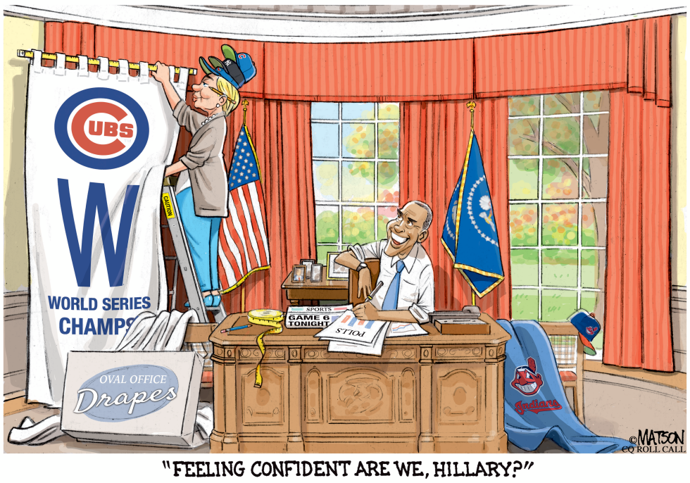 Cubs Fan Hillary Clinton Measures The Oval Office Drapes-COLOR