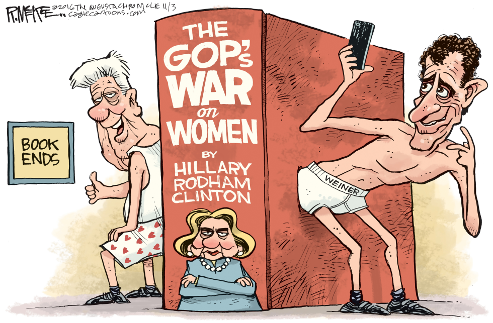  HILLARY BOOK ENDS by Rick McKee