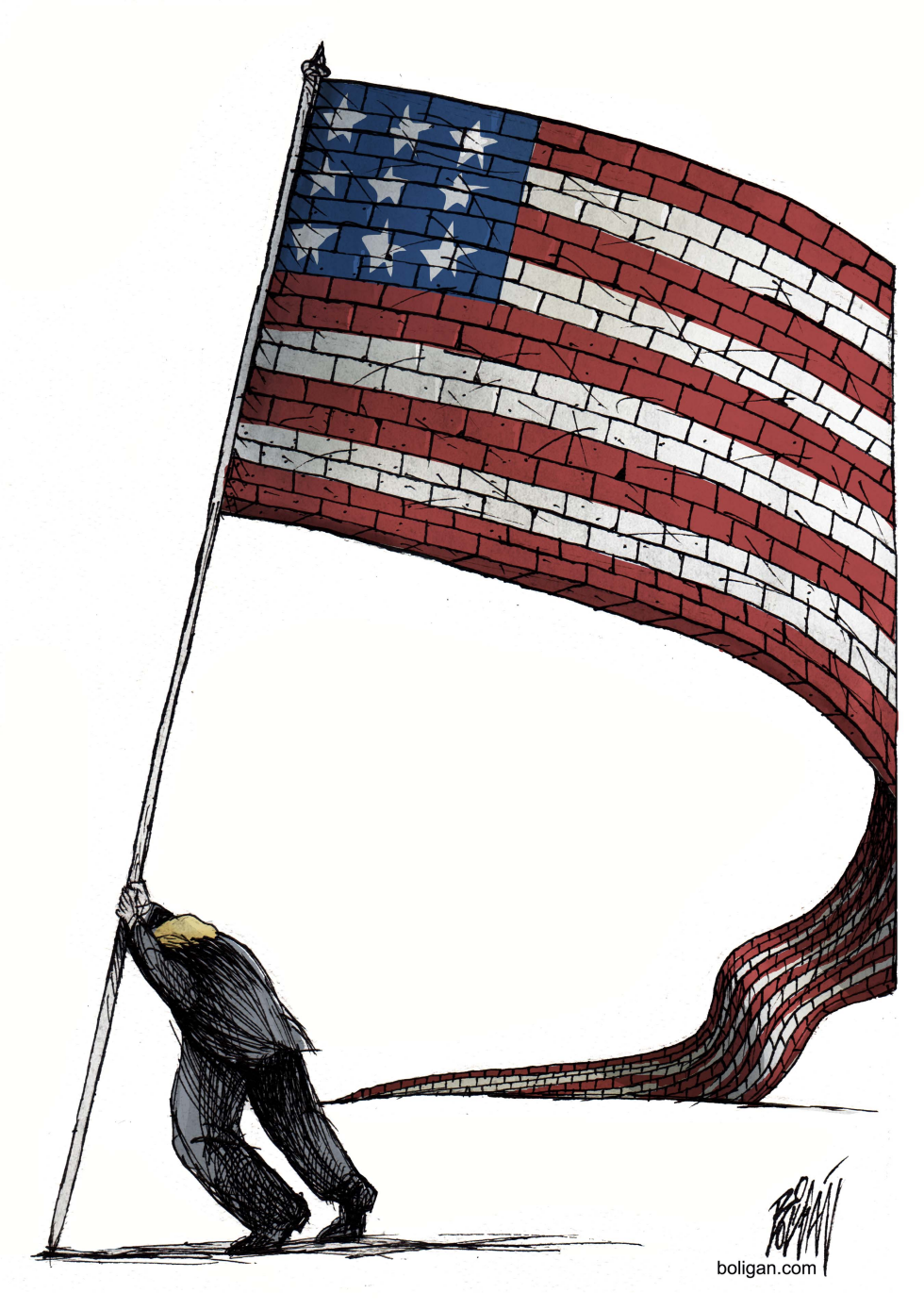 Trump holds pole with flag of bricks