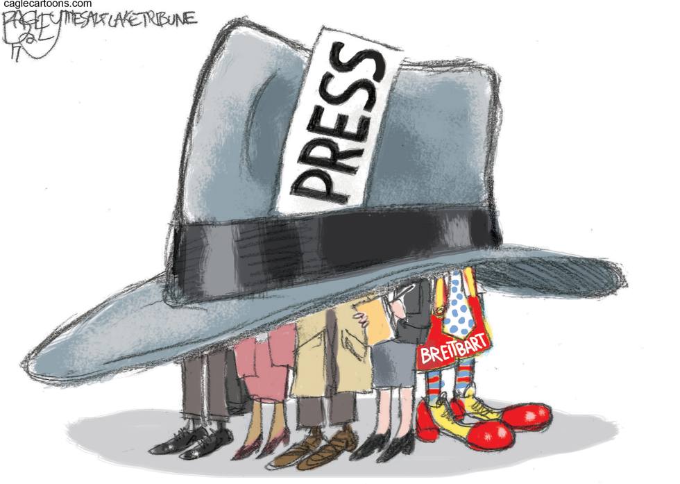 Press hat covers Breitbart figure with clown shoes cartoon