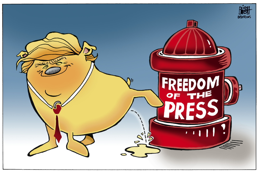 Trump caricature shows president as dog urinating on press freedom hydrant