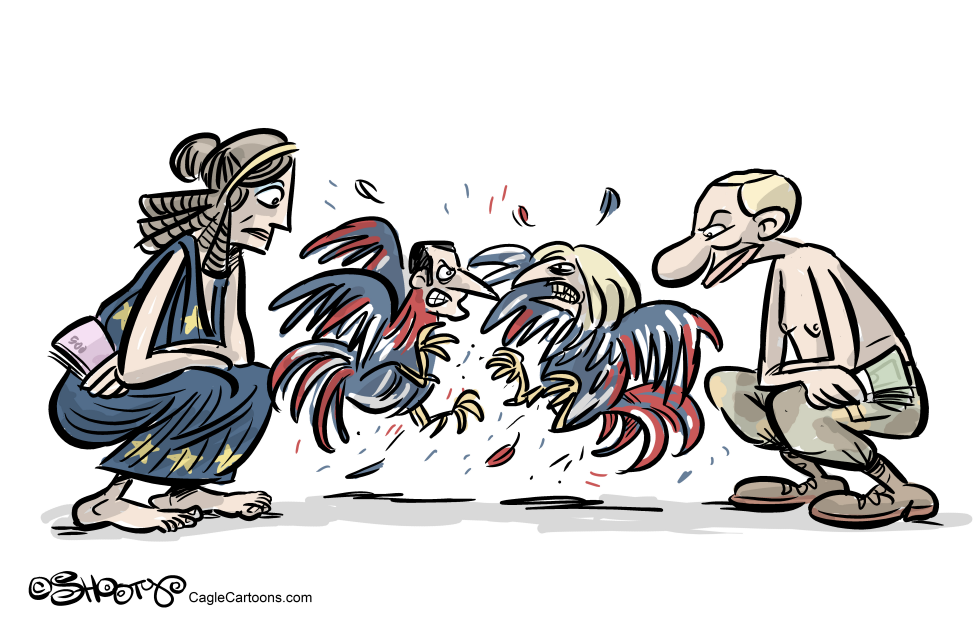 EU Putin Macron and Le Pen Cock Fighting