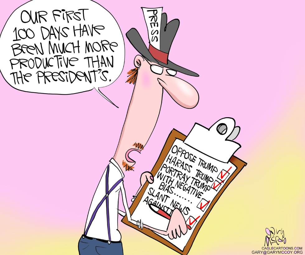 Cartoon mocks press productivity claims during Trump first 100 days