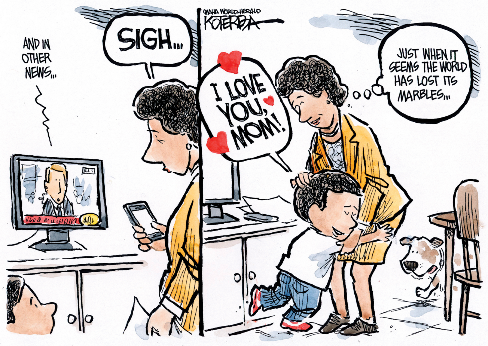Appreciating Mom Amid World Chaos in Koterba's Cartoon