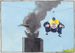 BORIS BOUNCES WHILE THERESA BURNS by Iain Green