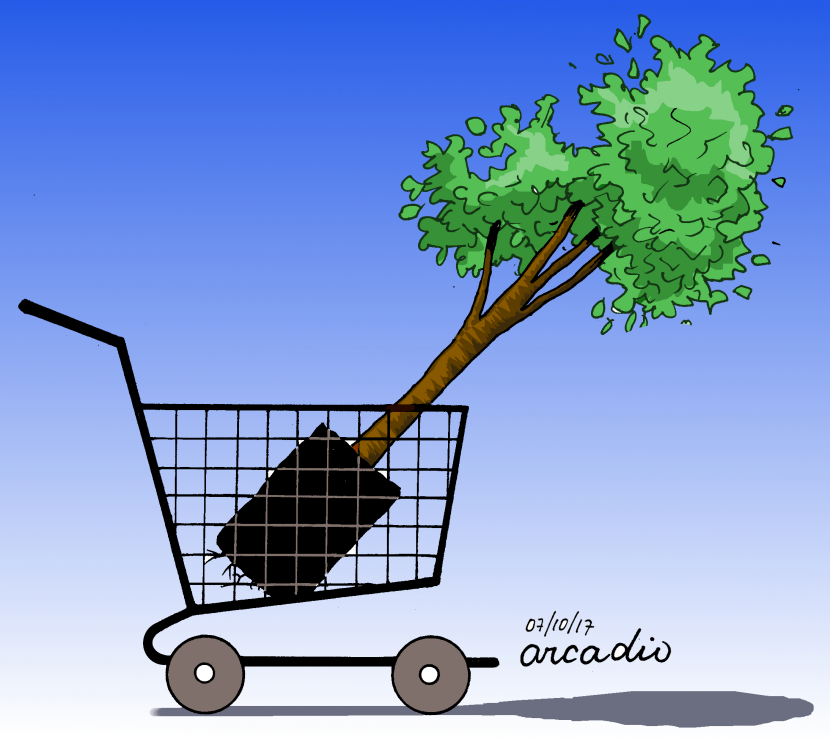 This political cartoon on environmental satire shows a tree in a shopping cart, highlighting consumerism and nature with funny tree adoption humor.