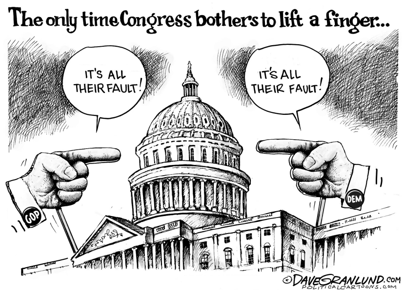 In this bipartisan blame cartoon, the US Capitol witnesses GOP and DEM hands accusing each other in a classic political gridlock illustration.