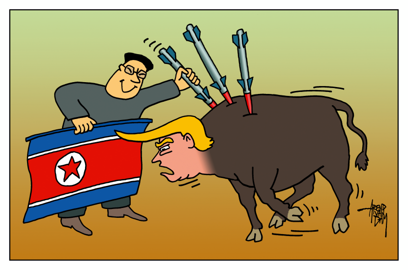 Kim Jong-un Depicted as Matador Stabbing Trump Bull with Missiles