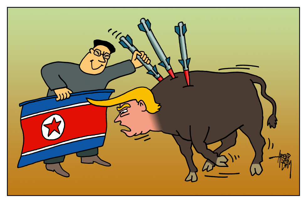 Kim Jong-un Depicted as Matador Stabbing Trump Bull with Missiles