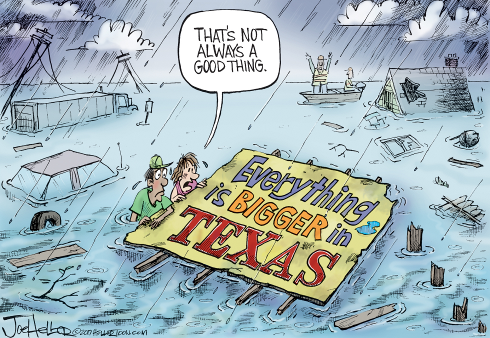 Texas Flood Cartoon Mocks 'Everything Bigger' Slogan Amid Harvey Deluge