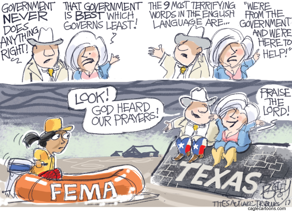 Cartoon mocks Texas officials shifting from government criticism to religious praise during Harvey