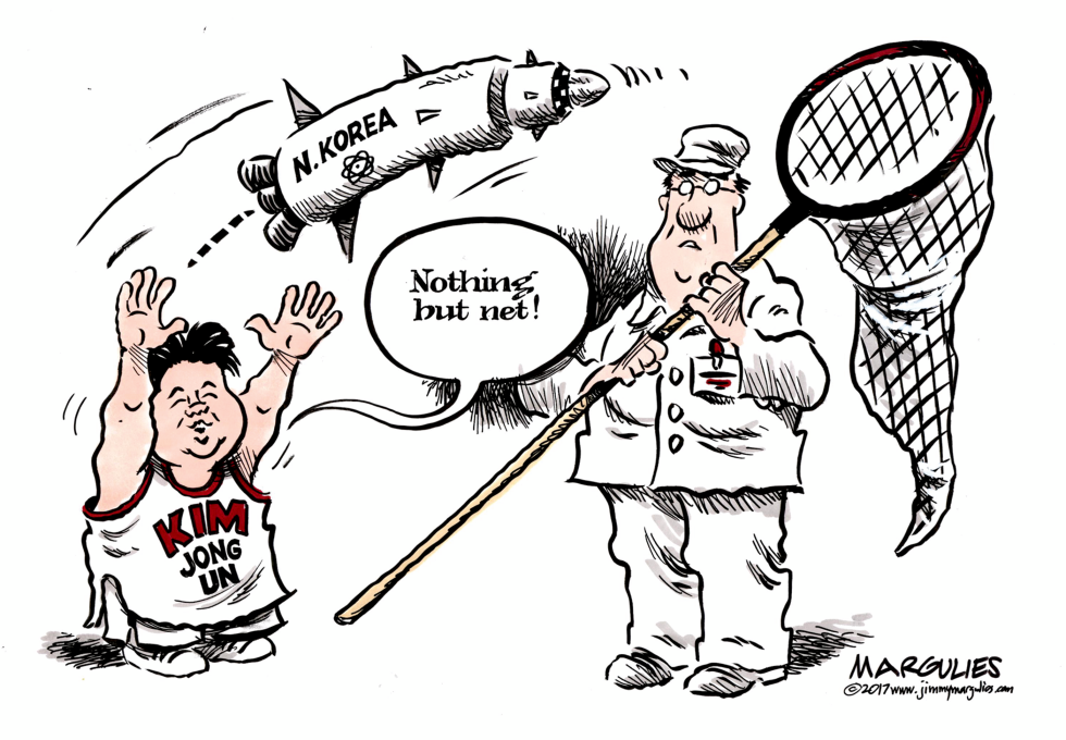 Kim Jong Un missile test meets Trump net defense cartoon