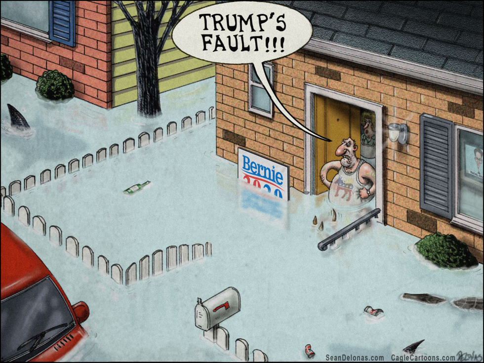 Cartoon depicts blame directed at Trump over Hurricane Harvey