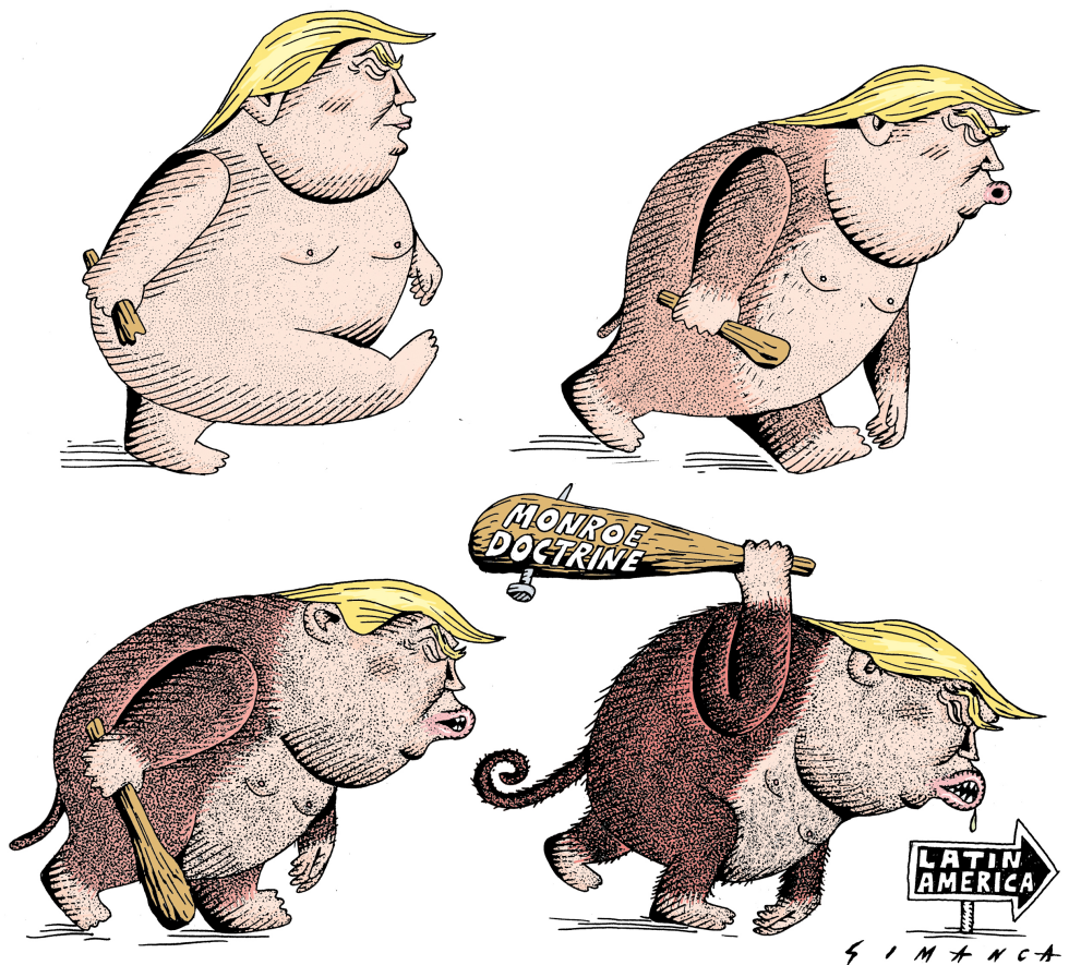 Trump Evolves into Monroe Doctrine-Wielding Ape in Latin America Satire