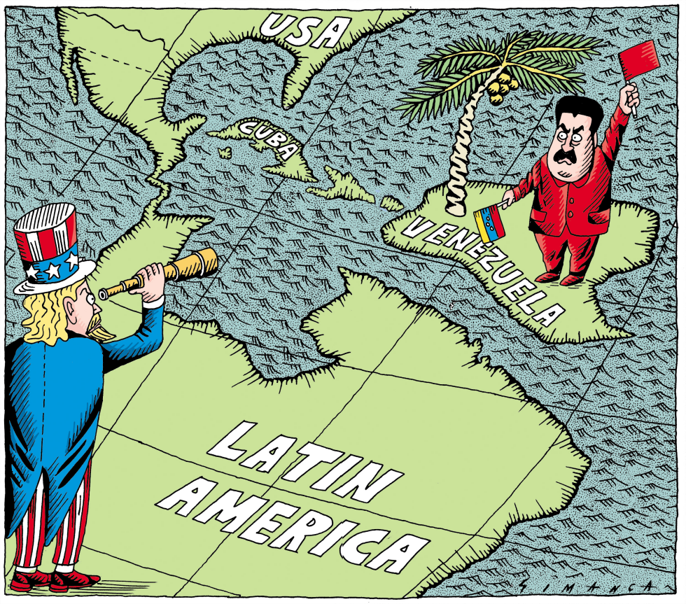 Uncle Sam Eyes Maduro's Red Card in Latin America Cartoon