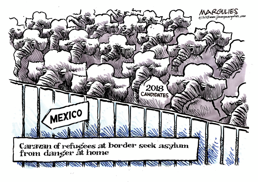 Refugee caravan at border color
