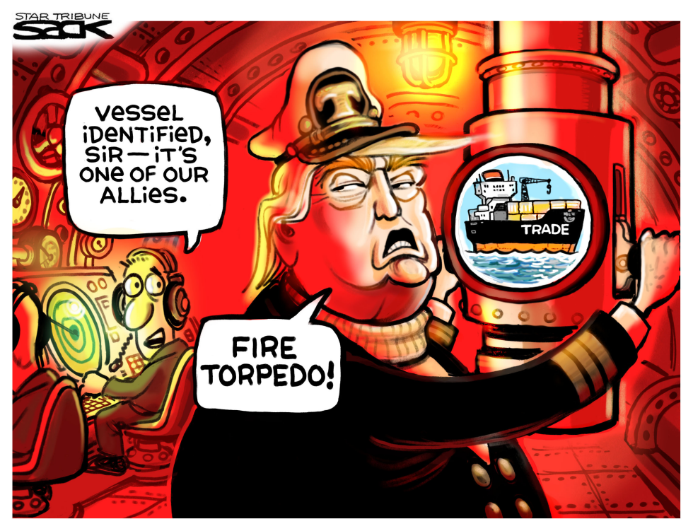Trump Targets Trade Allies With Tariff Torpedoes in New Cartoon
