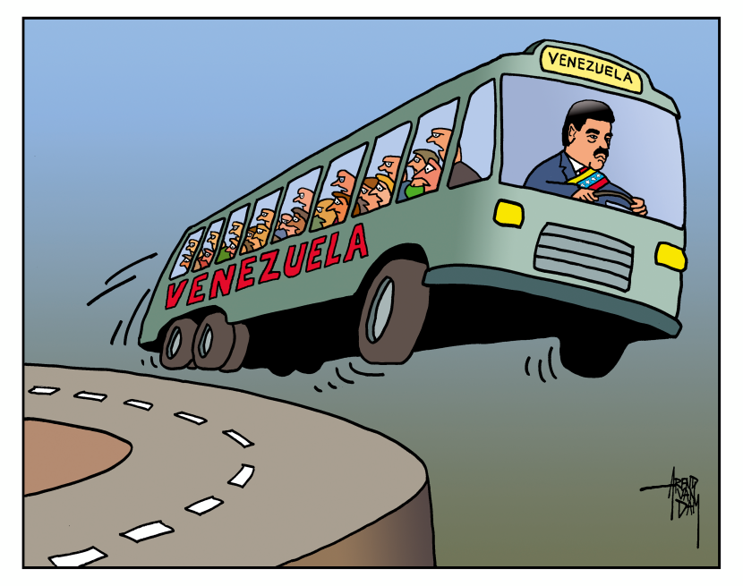 Maduro Drives Venezuela Bus Off the Cliff in Satirical Cartoon