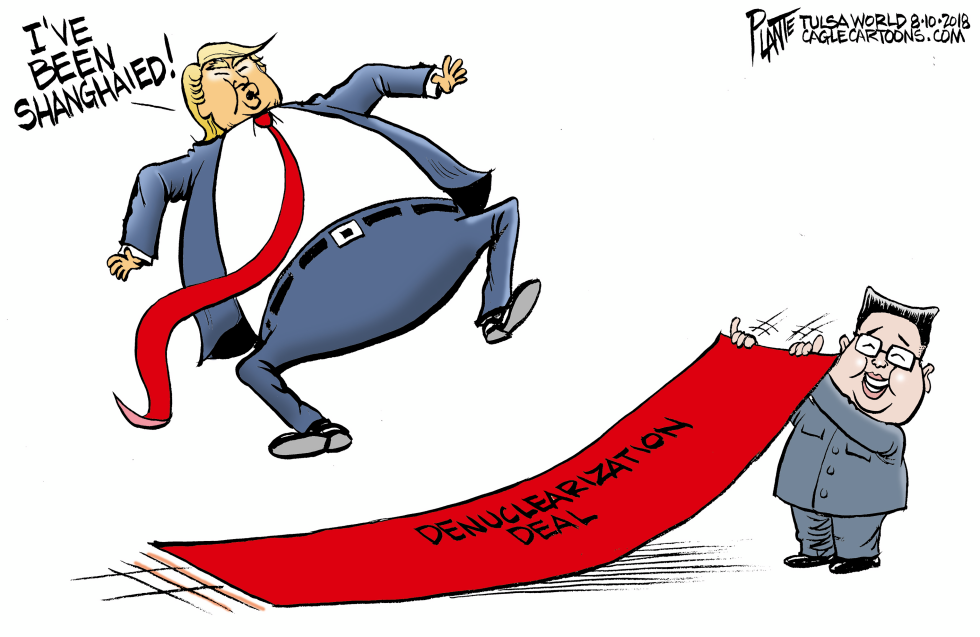Trump Depicted Being Pulled Into Denuclearization Deal by Kim Jong Un