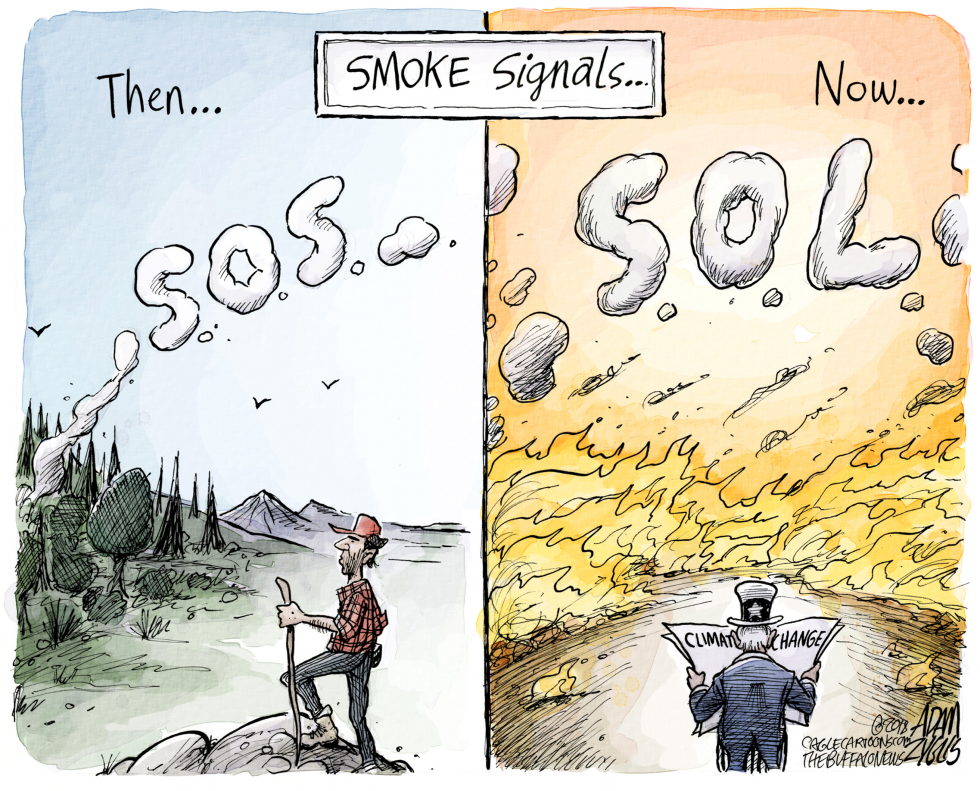 Split view contrasts past SOS smoke signals with current wildfire scene and climate sign