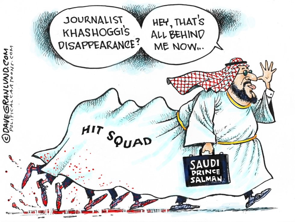 Prince Salman denies Khashoggi killing while hit squad hides beneath his robe.