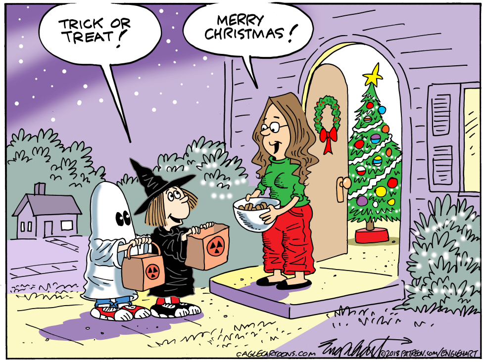 Children hear Merry Christmas while trick-or-treating in October