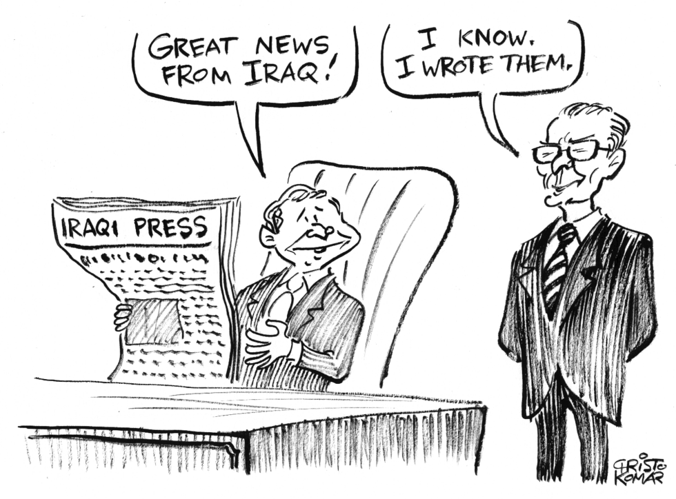  RUMSFELD'S GOOD NEWS - B&W by Christo Komarnitski