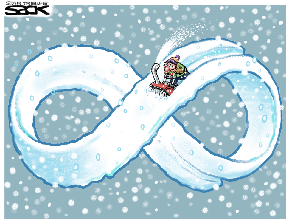 In this infinity snow cartoon, a frustrated figure rides a snowblower on an endless loop, capturing perpetual winter humor with snowflakes falling endlessly.