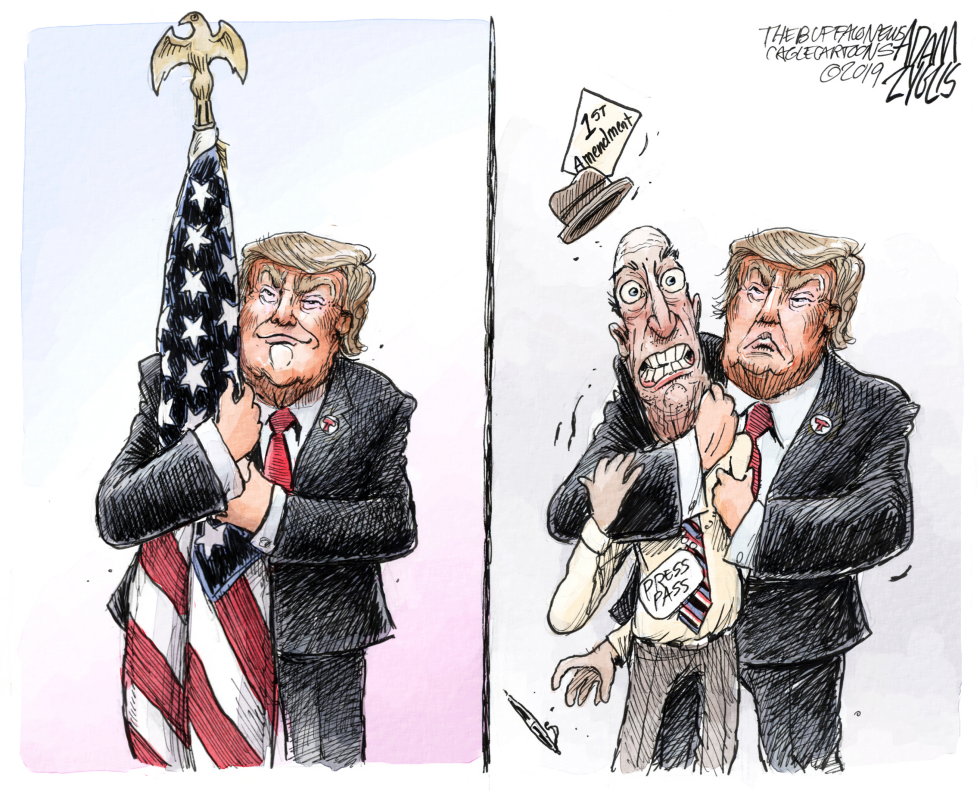 Trump cartoon contrasts flag embrace with press confrontation