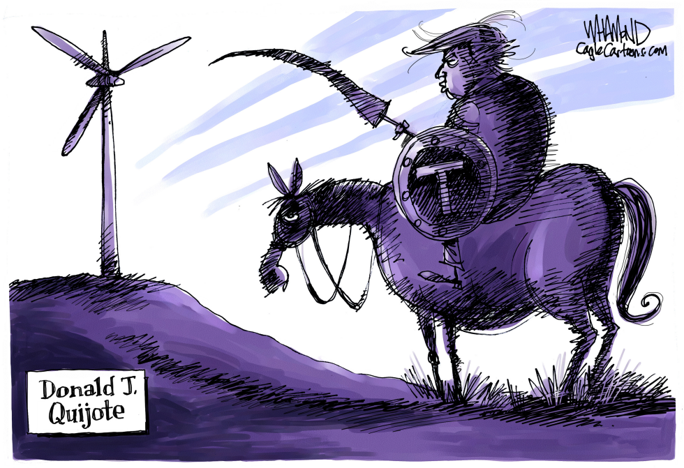 Donald Quijote attacks windmills