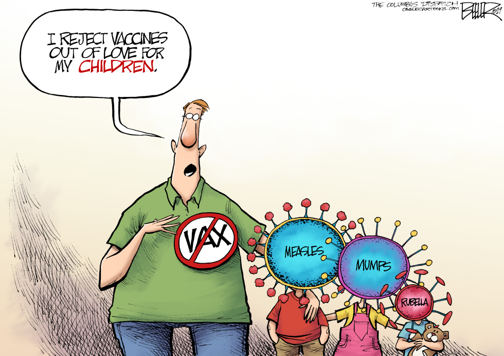 Cartoon depicts parent shielding children from vaccines while exposing them to measles, mumps and rubella