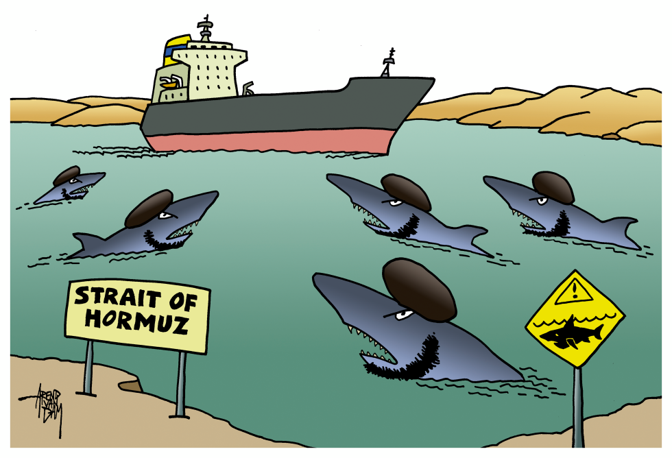 Sharks with berets circle oil tanker in Strait of Hormuz