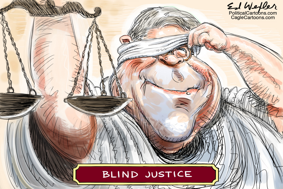 Bill Barr lifts blindfold while holding unbalanced scales of justice