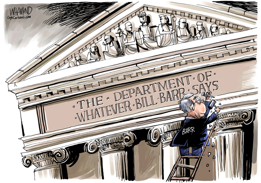Bill Barr depicted altering Department of Justice sign to reflect personal control