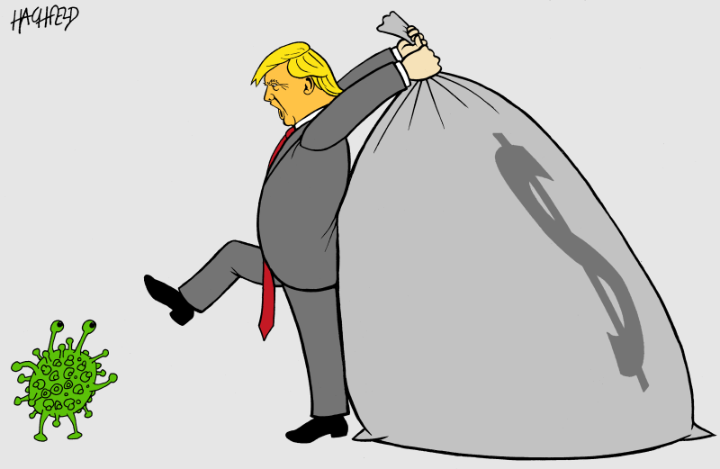 Trump's trillion dollar plan, Rainer Hachfeld,Germany, PoliticalCartoons.com,USA, Donald Trump, coronavirus, economic devastation, spending package, trillion dollar 