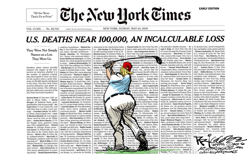 Trump Swings Away as U.S. COVID Deaths Hit 100,000 in Priggee's Satire