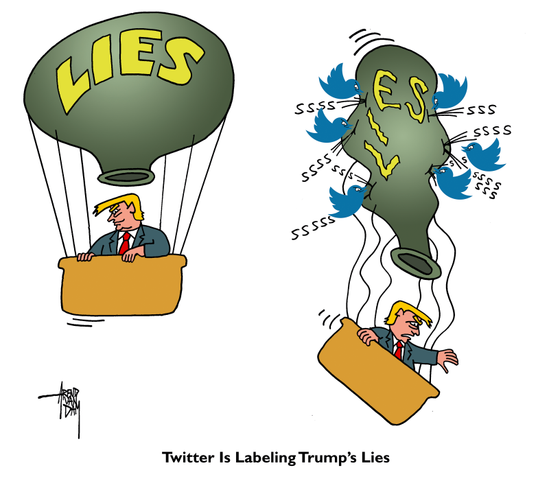 Twitter labeling Trump's lies, Arend Van Dam,politicalcartoons.com,Twitter, Trump, lies, fake news, fact checking, president, balloon, labeling