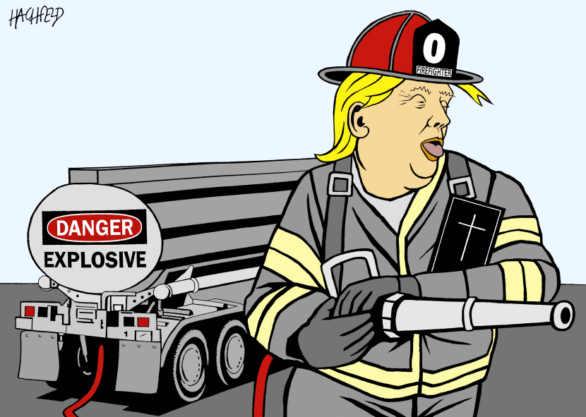 Trump Depicted as Firefighter Clutching Bible Near Explosive Tanker