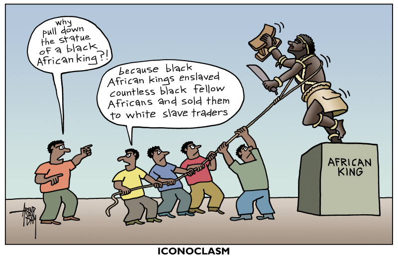 iconoclasm and slavery, Arend Van Dam,politicalcartoons.com,iconoclasm, history, African kings, enslave, slavery, Africa, black lives matter, slave trade, protests