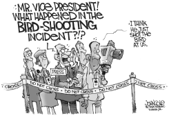 CHENEY SHOOTS THE BIRD BW by John Cole