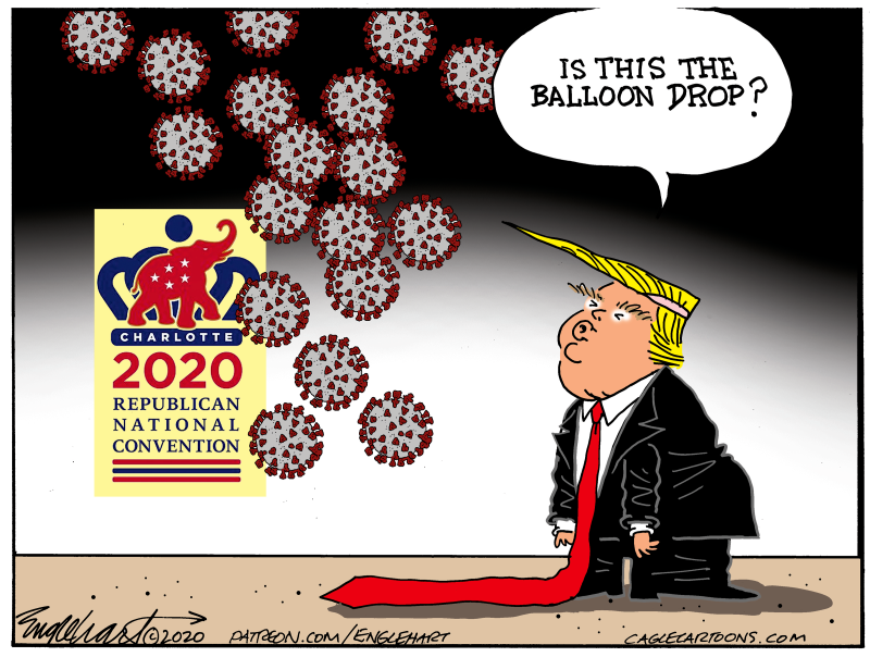 Republican National Convention, Bob Englehart,PoliticalCartoons.com,Republican, National, Convention, RNC, trump, Balloon Drop, GOP, Grand Old Party, Covid 19, Coronavirus, Speeches, Conservatives, Trumpanzees, Trumpers, Trumpists, Campaign, Silly Season, Rose Garden, White House, Nominations, Nominated, 