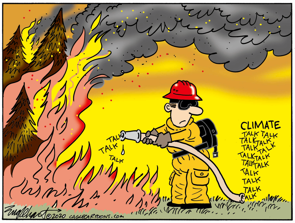Firefighter aims hose emitting talk at California wildfire