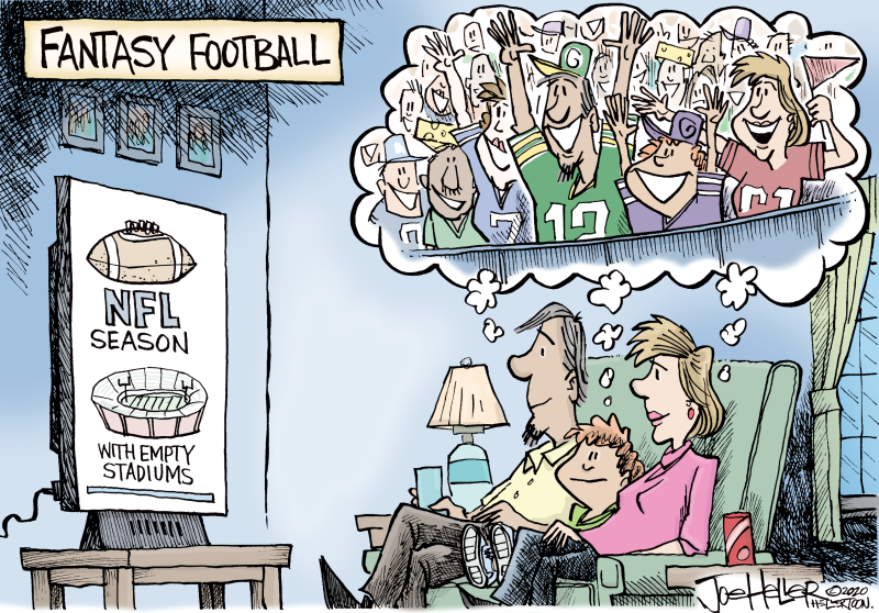 Fantasy Football, Joe Heller,PoliticalCartoons.com,NFL, Fantasy football, fans, coronavirus, cover 19,