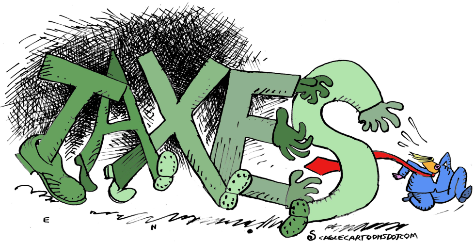 Taxes Monster Devours Tiny Blue Figure in Hilarious Political Satire