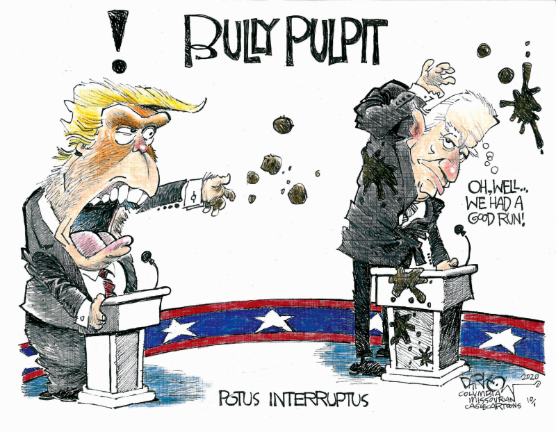 POTUS interruptus, John Darkow,Columbia Missourian,trump, biden, debate, presidential debate, interrupting, chris wallace, shut up man, dog whistle, train wreck, bullying, embarrassing