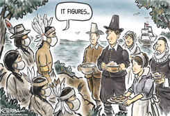 MASKS, THANKSGIVING AND PILGRIMS by Jeff Koterba