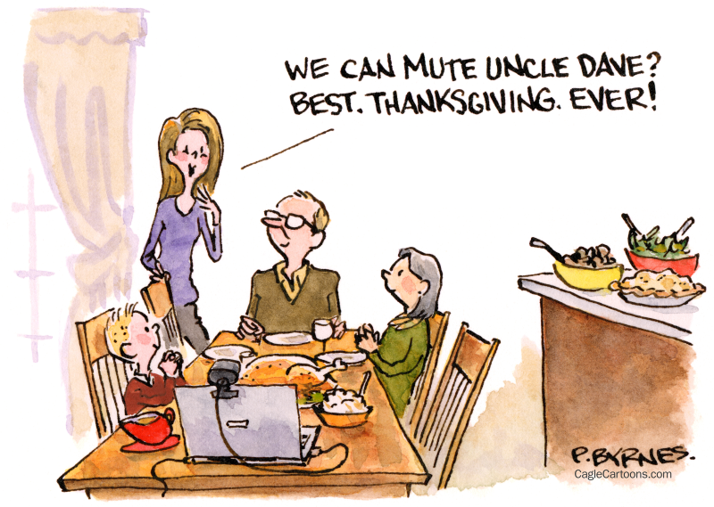 A Muted Thanksgiving, Pat Byrnes,PoliticalCartoons.com ,covid thankgiving, social distancing, family, friction, zoom, mute, in-laws, arguments, tradition, religion, politics, holidays, turkey dinner, stuffing, gathering, 2020
