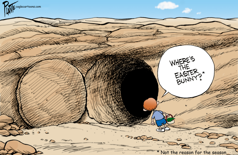 Not the reason for the season, Bruce Plante,PoliticalCartoons.com,Not the reason for the season, Jesus Christ, the tomb, grave, The Easter bunny?, Bruce Plante, New Testament, resurrection, Christianity, cross, arisen, religion, crucifiction, the cross