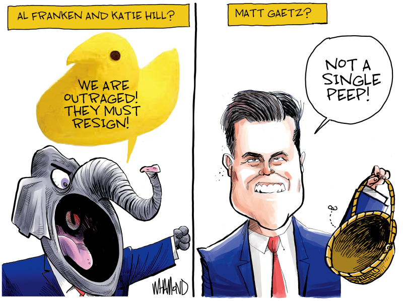 Easter peeps, Dave Whamond,Canada, PoliticalCartoons.com,Easter,peeps,Matt Gaetz,sex trafficking,allegations,showed nude photos to lawmakers,online solicitation,alleged payments to women,underage,claims extortion,Trumpian defense,judiciary committee,Joel Greenberg,DOJ investigation,child sex scandal,GOP silent