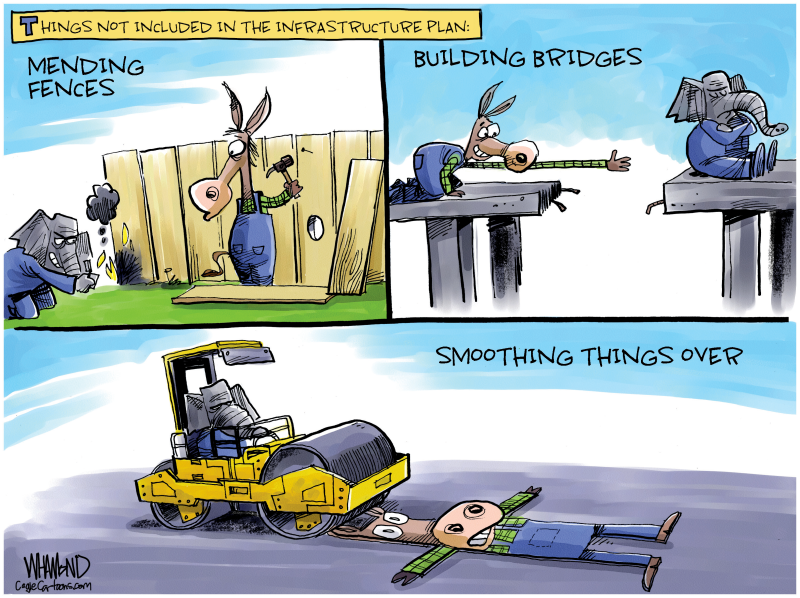 Infrastructure plan, Dave Whamond,Canada, PoliticalCartoons.com,Infrastructure plan,Biden,no GOP support,partisan,American Jobs Plan,economic boost,would help GOP base,popular with suburban voters,rebuilding the country,creates millions of jobs,costs trillions in debt,McConnell criticizes package,Democrats,bridges